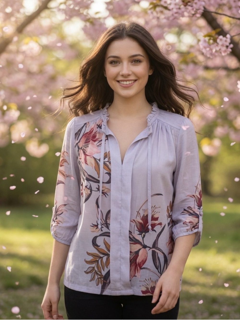 Anthropologie Meadow Rue Floral Lilac Purple Tie-Neck Blouse Size XS